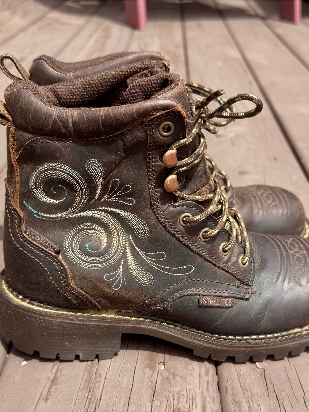 Justin Brown Leather Womens Gypsy Steel Toe Work Boots, Sz 7B, style WKL985